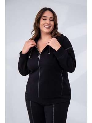 Roxxlen Kadın Büyük Beden Grogrenli-Fermuarlı Kapşonlu Siyah Sweat
