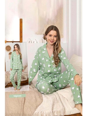 Remsa Kadın Kalp Desen Düğmeli Suprem Pijama Takımı 0381 Yeşil