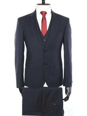 Jan Carlucci Yünlü Yelekli Drop 6 Slimfit Takım-Koyu Lacivert