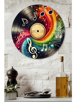KutuTR 3D Görünümlü Temperli Cam Tablo – Renkli Müzik Notaları ve Plak Duvar Süsü Uv Baskı 33X33 CM-CDS151