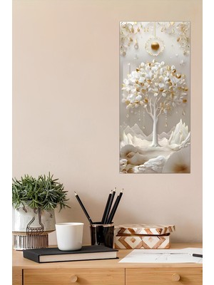 KutuTR 3D Görünümlü Temperli Cam Tablo –altın Hayat Ağacı ve Beyaz Dağ Uv Baskı 30X60 cm - DCT110