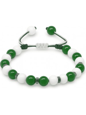 Tesbihane Makrome Örgülü Küre Kesim Yeşil Beyaz Jade Hematit Doğaltaş Kadın Taraftar Bileklik