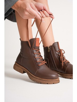 Analin Shoes Kadın Hakiki Deri Fermuarlı Bağcıklı Günlük Bot - Kahve