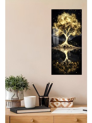 KutuTR 3D Görünümlü Temperli Cam Tablo – Altın Hayat Ağacı Temalı Uv Baskı 30X60 cm - DCT117