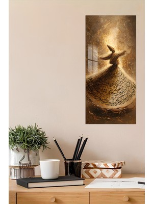 KutuTR 3D Görünümlü Temperli Cam Tablo – Altın Işıklı Semazen ve Hat Sanatı Uv Baskı 30X60 Cmı - DCT106