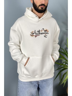 Alışveriş Sokağı Authentic Baskılı Oversize Cepli Antrasit Kapüşonlu Sweatshirt