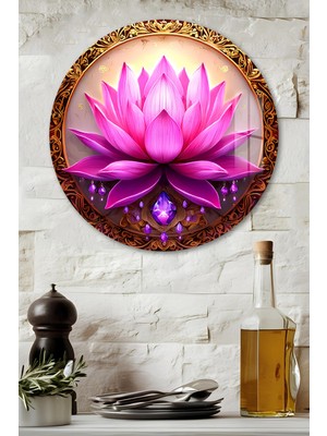 KutuTR 3D Görünümlü Temperli Cam Tablo – Mor ve Pembe Lotus Çiçeği Duvar Süsü Uv Baskı 33X33 CM-CDS135