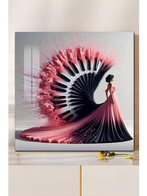 KutuTR 3D Görünümlü Temperli Cam Tablo – Pembe Elbise ve Piyano Formu Uv Baskı 33X33 CM-CTK106