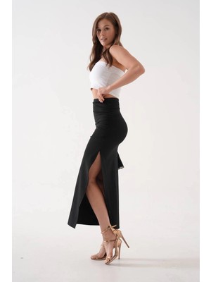 Bosel Uzun Yırtmaçlı Ince Kumaş Etek Siyah