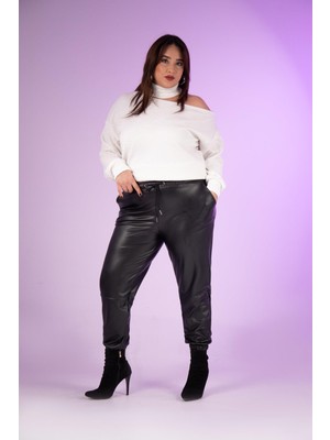 Roxxlen Kadın Büyük Beden Deri Siyah Pantolon