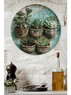 KutuTR 3D Görünümlü Temperli Cam Tablo – Sukulent Bitkiler Temalı Duvar Süsü Uv Baskı 33X33 CM-CDS160