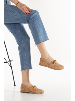 Limeo Nude Kadın Zincir Detaylı Yumuşak Hafif Rahat Tabanlı Yazlık Loafer Günlük Babet Anne Ayakkabı