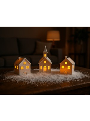Yılbaşı Konsept LED Işıklı 3 Adet Ev Biblo Kış Manzaralı Tealight Ledli Kış Evleri LED Mumlar Hediye