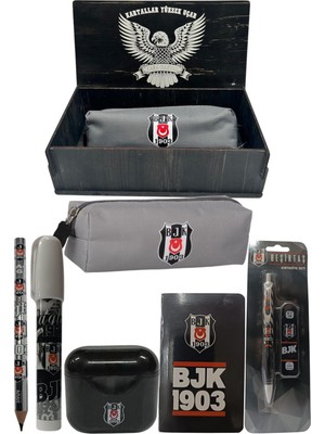 Me Çanta Beşiktaş Orjinal Lisanslı Siyah Air Kalemtraş Ahşap Kutulu 6'lı Kırtasiye Seti