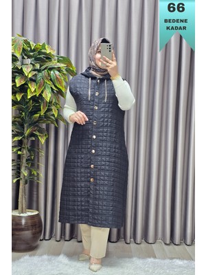 Elmas Tesettür Kadın Giyim Büyük Beden Kapşonlu Astarlı Kare Desen Yelek