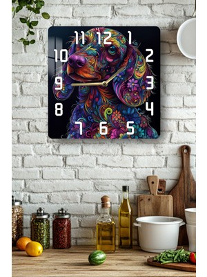KutuTR 3D Görünümlü Temperli Cam Kare Saat – Renkli Köpek Teması Uv Baskı 33X33 cm - KCS130