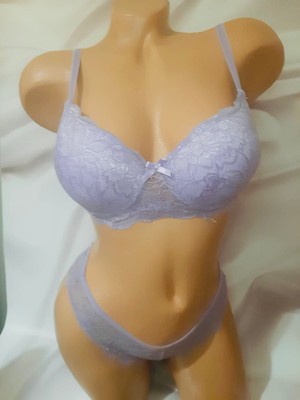 Shine Elagance Lila Renginde Dantelli Destekli Balenli Sutyen ve Sırf Dantelden Oluşan Tanga Külot Takım