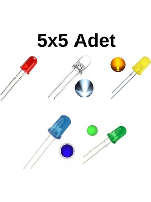 Sensör Modül 25 Adet 5mm LED Kırmızı, Sarı, Yeşil, Mavi, Beyaz 5'erli