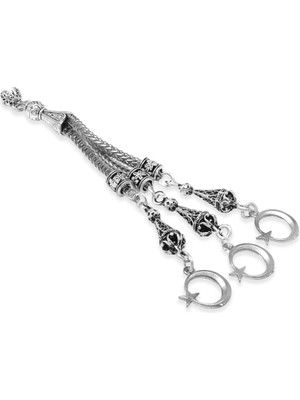 Tesbihane Ayyıldız Zafer Temalı Foxtail Zincirli Üç Kamçılı Kararmaz Metal Püskül