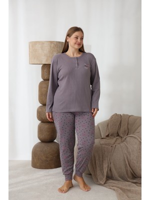 Eyfuze kadın Büyük Beden Desenli Yakası Düğmeli Uzun Kollu Kışlık Pijama Takımı