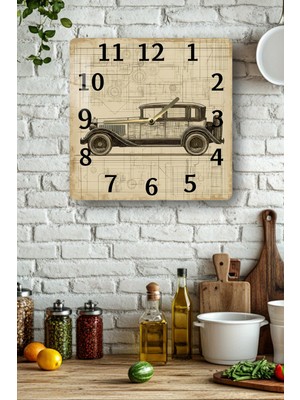 KutuTR 3D Görünümlü Temperli Cam Kare Saat – Vintage Klasik Araba Çizimli Uv Baskı 33X33 cm - KCS117