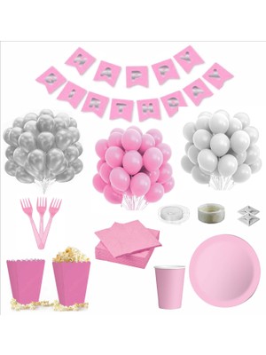 Zenviva Pembe Beyaz 8 Kişilik Doğum Günü Seti