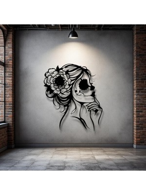 STE Sugar Skull Kadın Figürlü Metal Duvar Dekoru – Çiçekli Kafatası Sanat Tasarımı