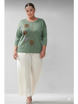 Büyük Beden Simli Örme Taş Işlemeli Truvakar Kol 42-44-46-48 Bedenlere 70 cm Boy Merserize Bluz