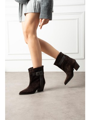 Shoetek Yevena Kadın Kovboy Bot Kalın Topuklu Yandan Fiyonklu Hakiki Deri Kahverengi Süet