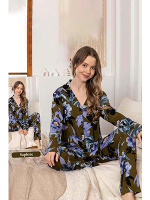 Remsa Kadın Büyük Çiçek Desen Düğmeli Saphire Pijama Takımı 0387 Haki