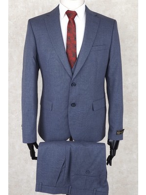 Jan Carlucci Slim Fit Mono Yaka-Çift Yırtmaç Mavi Yelekli Drop 6  Takım Elbise