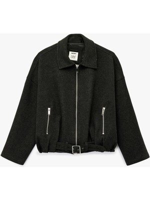 Koton Kadın Koton x Sibil Çetinkaya - Uzun Kollu Fermuarlı Oversize Kaşe Bomber Ceket 6WAK20379EW