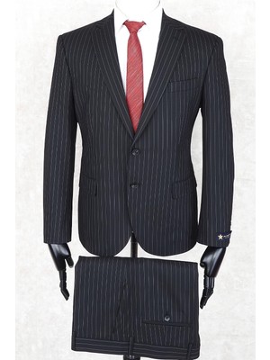 Jan Carlucci Regular Fit Mono Yaka Iki Düğme-Çift Yırtmaç  Siyah Çizgili Drop 4 Takım Elbise