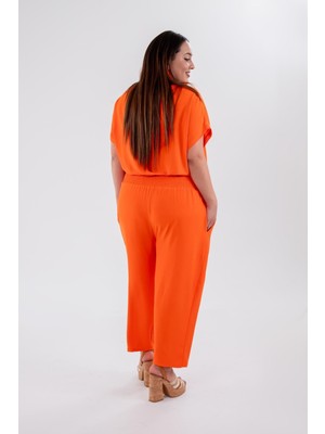 Roxxlen Kadın Büyük Beden 333474 Beli Gipeli Turuncu Tulum