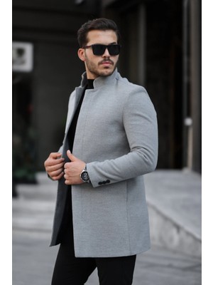 Bermuda Erkek Slim Dik Yaka Kaşe Kaban Gri Desensiz Konforlu Tasarım 3XL