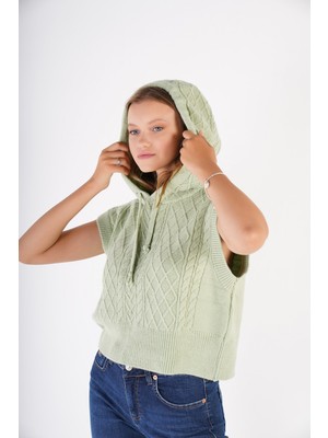 Trist Star Kadın Mint Kapüşonlu Oversize Yün Süveter Örme Triko TRIST-6131
