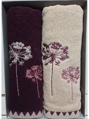 Özdilek Erba Seca 2'li Nakışlı El ve Yüz Havlusu 50X90 cm Bej- Mürdüm