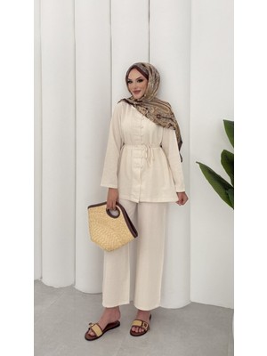 Miraydin Butik Kadın Düğme ve Kuşak Detaylı Keten Takım M15809 - Bej