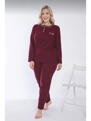 Temporium Kadın Kışlık Büyük Beden Yakası Düğmeli Uzun Kollu Interlok Pijama Takımı