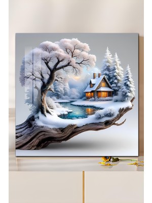 KutuTR 3D Görünümlü Temperli Cam Tablo – Kış Manzaralı Kulübe ve Donmuş Göl Uv Baskı 33X33 CM-CTK146
