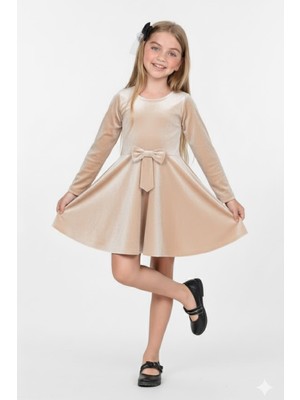 Modanino Kız Çocuk Kadife Elbise-Içi Tüllü ve Fiyonk Süslemeli 7-12 Yaş 12427