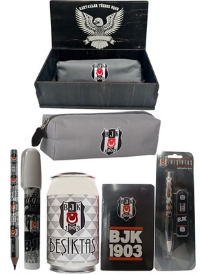Me Çanta Beşiktaş Orjinal Lisanslı Beyaz Kutu Kalemtraş Ahşap Kutulu 6'lı Kırtasiye Seti