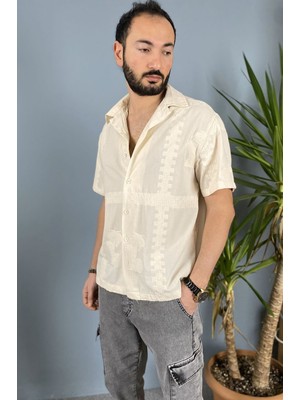 Alışveriş Sokağı Örgü Işlemeli Bej Renk Tasarım Gömlek