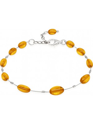 Tesbihane Çelik Telli 925 Ayar Gümüş Papağan Mekanizmalı Bal Rengi Doğal Damla Taşlı Kehribar Kadın Bileklik