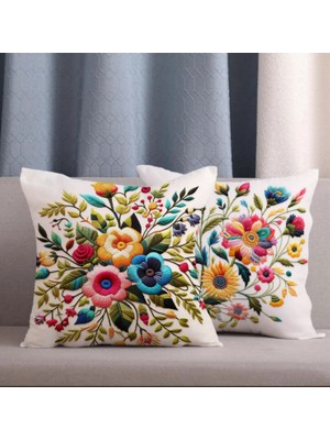 Alkan Homes 2 Li Kombin Nakış Görünümlü Renkli Çiçek Dijital Baskılı Kırlent Kılıfı