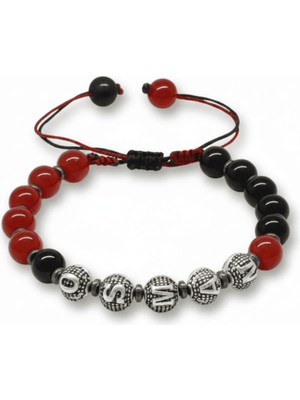 Tesbihane Isme Özel Yazılı Makrome Örgü Küre Kırmızı Siyah Akik Oniks Hematit Doğaltaş Kadın Taraftar Bileklik