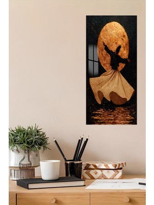 KutuTR 3D Görünümlü Temperli Cam Tablo – Derviş ve Altın Ay Temalı Uv Baskı 30X60 cm - DCT123