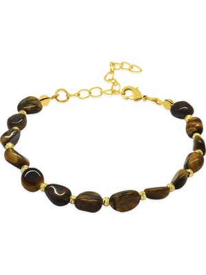 Tesbihane Altın Renk Metal Zincirli Dorika Top Süslemeli Amorf Kaplan Gözü Doğaltaş Kadın Bileklik