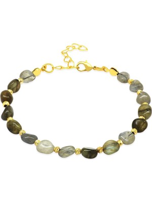 Tesbihane Altın Renk Metal Zincirli Dorika Top Süslemeli Amorf Labradorit Doğaltaş Kadın Bileklik
