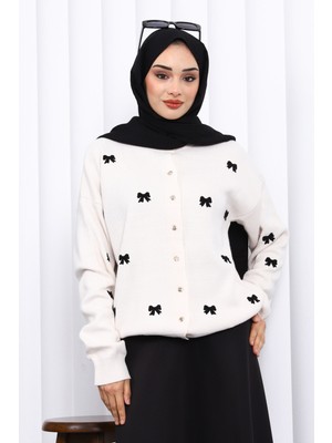 İmaj Butik Krem Fiyonk Nakışlı Triko Hırka